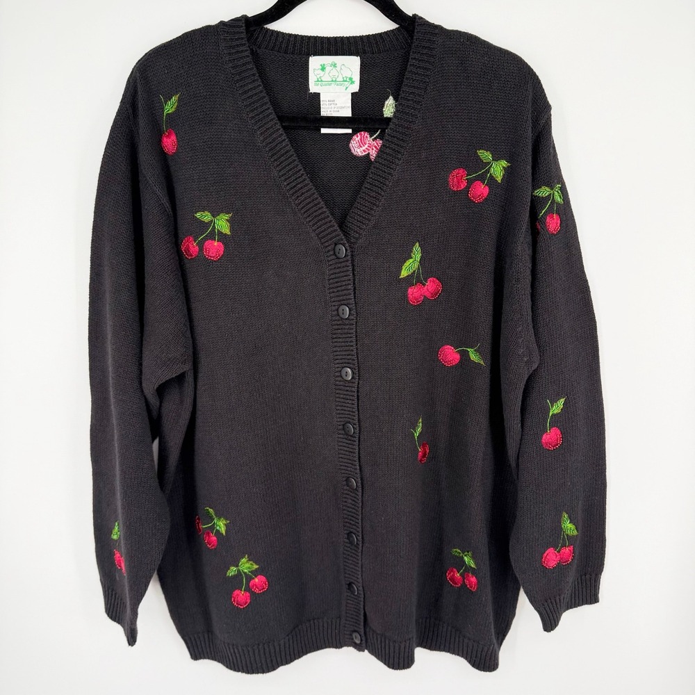 The Quacker Factory Knit Cardigan Women 1X Black Cherry Embroidered Beaded